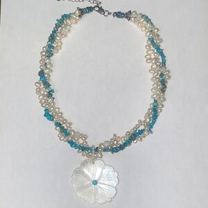 Pearl, Turquoise, and Abalone shell Flower Pendant Necklace